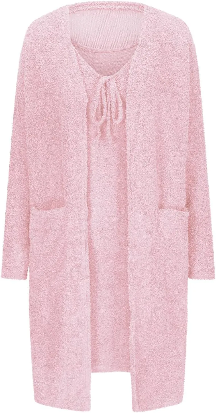 Womens Fuzzy 2 Piece Fleece Open Front Cardigan and Dress Pajamas Loungewear Sets