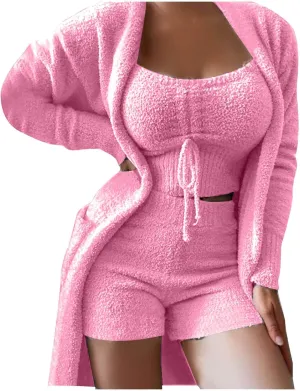 Women's Fuzzy 3 Piece Lounge Set Open Front Cardigan Crop Tank Tops and Shorts Sleepwear Lounge Outfits