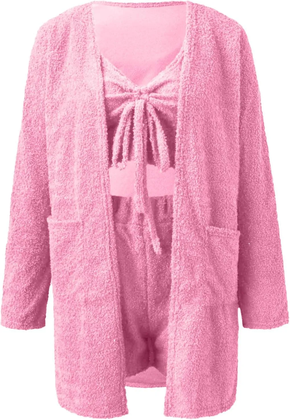 Women's Fuzzy 3 Piece Lounge Set Open Front Cardigan Crop Tank Tops and Shorts Sleepwear Lounge Outfits