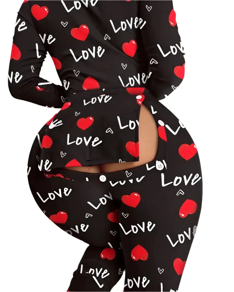 Women's Heart Letter Print Slim Fit Jumpsuit – High Waist Buttoned Flap Sleepwear Onesie