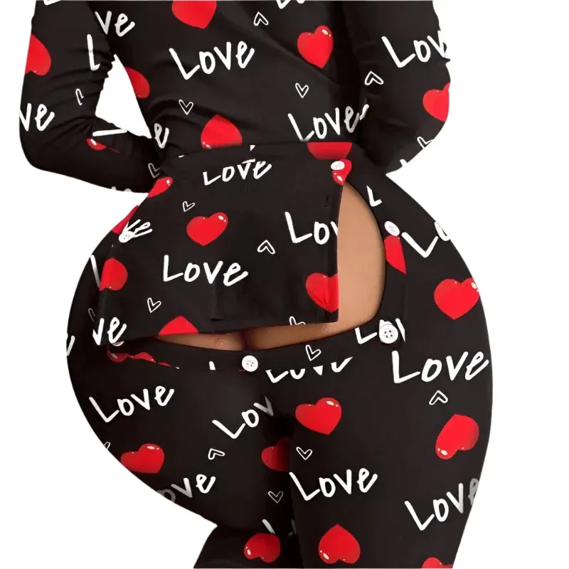 Women's Heart Letter Print Slim Fit Jumpsuit – High Waist Buttoned Flap Sleepwear Onesie