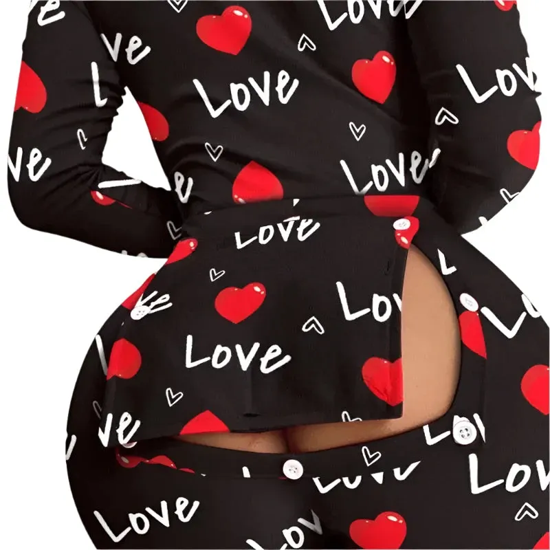 Women's Heart Letter Print Slim Fit Jumpsuit – High Waist Buttoned Flap Sleepwear Onesie