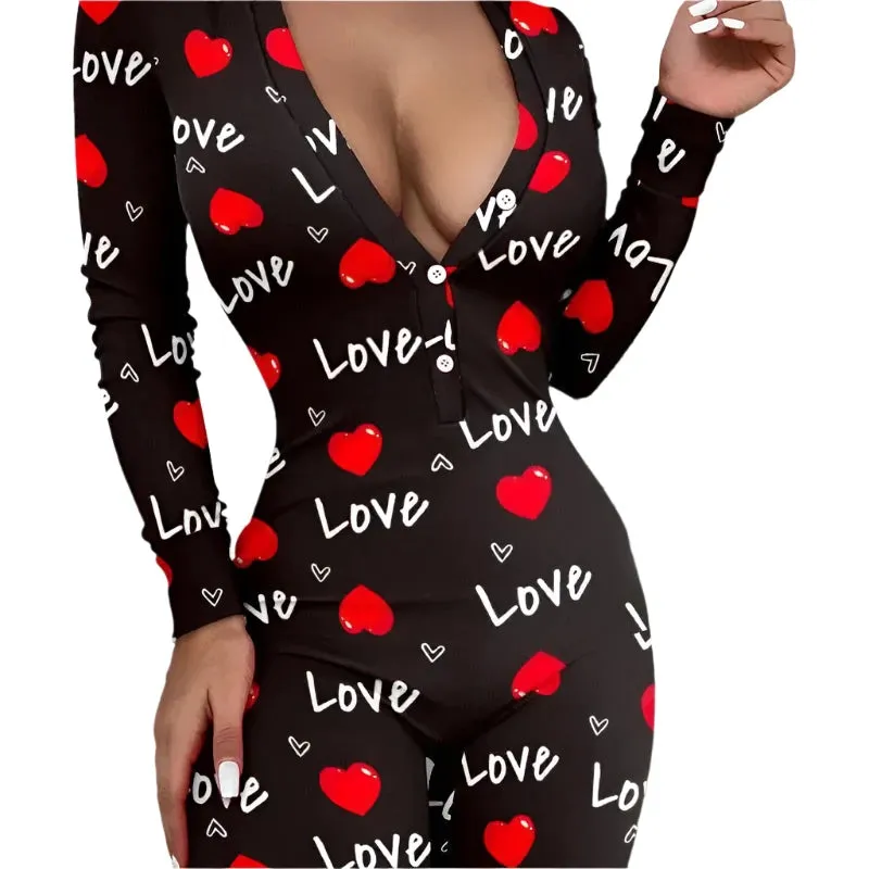 Women's Heart Letter Print Slim Fit Jumpsuit – High Waist Buttoned Flap Sleepwear Onesie