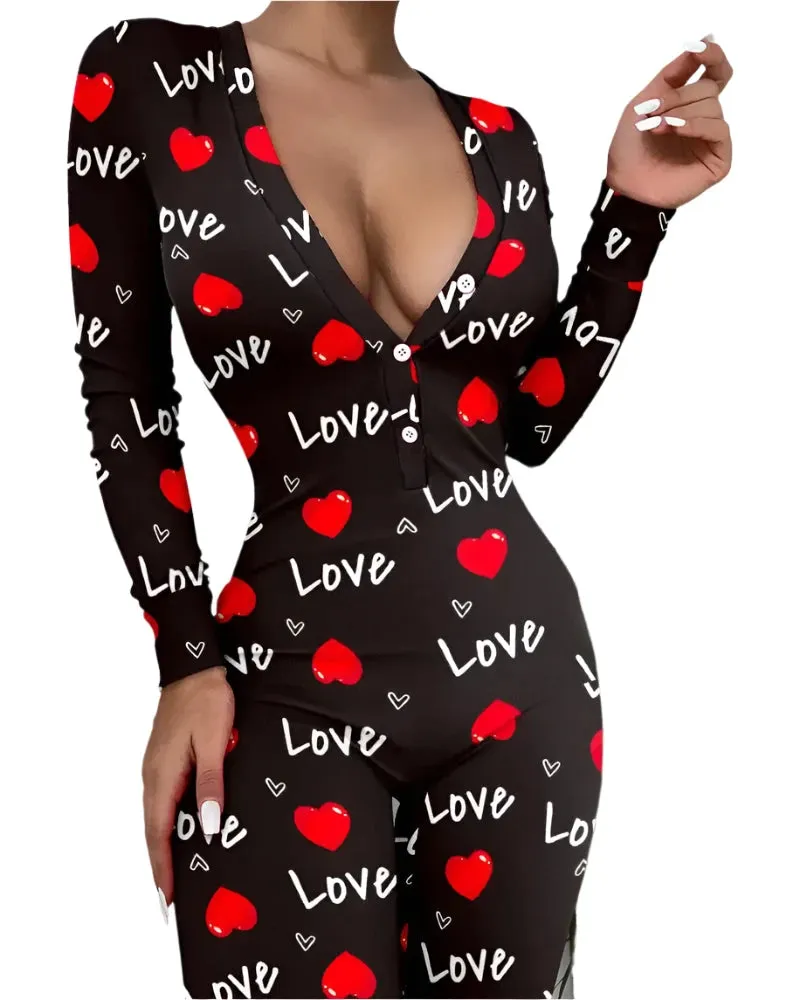 Women's Heart Letter Print Slim Fit Jumpsuit – High Waist Buttoned Flap Sleepwear Onesie