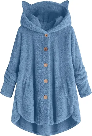 Women's Hoodies Coat Cat Ear Cap Plush Tops Fashion Loose Plus Size Button Long Sleeve Stitching Pullover Sweaters