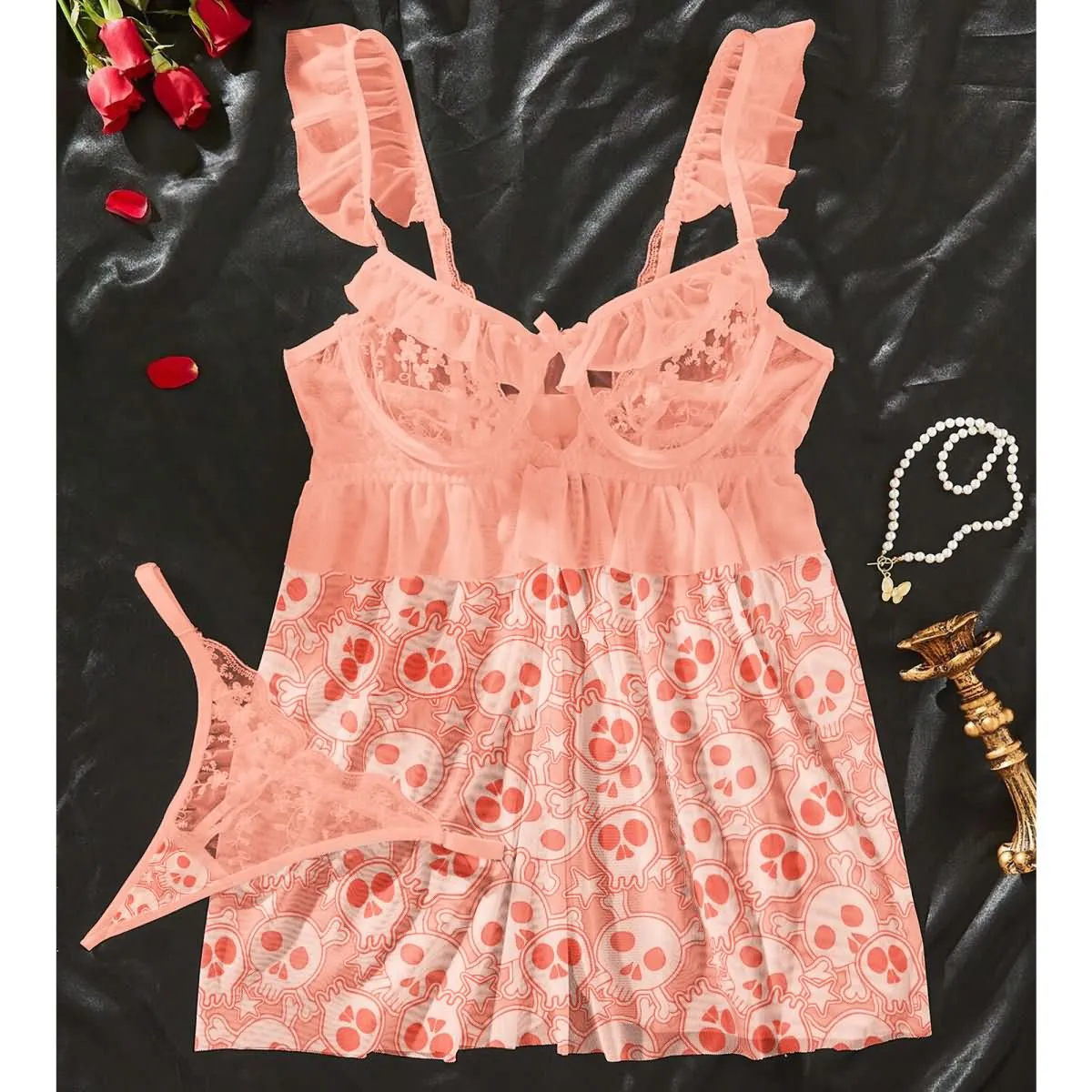 Women's Lace Babydoll Sleepwear Lingerie Set, Sexy Pink Orange Pajama Set