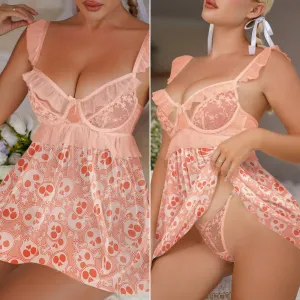 Women's Lace Babydoll Sleepwear Lingerie Set, Sexy Pink Orange Pajama Set