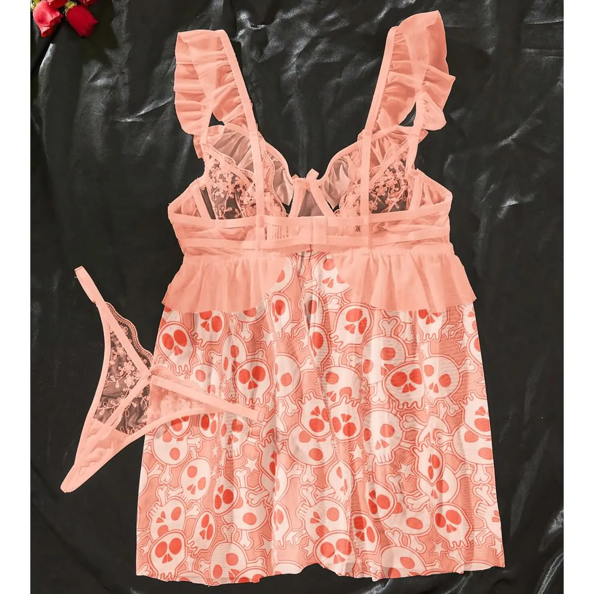 Women's Lace Babydoll Sleepwear Lingerie Set, Sexy Pink Orange Pajama Set