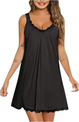 Women's Lace Trim Camisole Nightgown Comfy Soft Madal V Neck Sexy Lingerie Loose Summer Sleepwear Dress Nighties