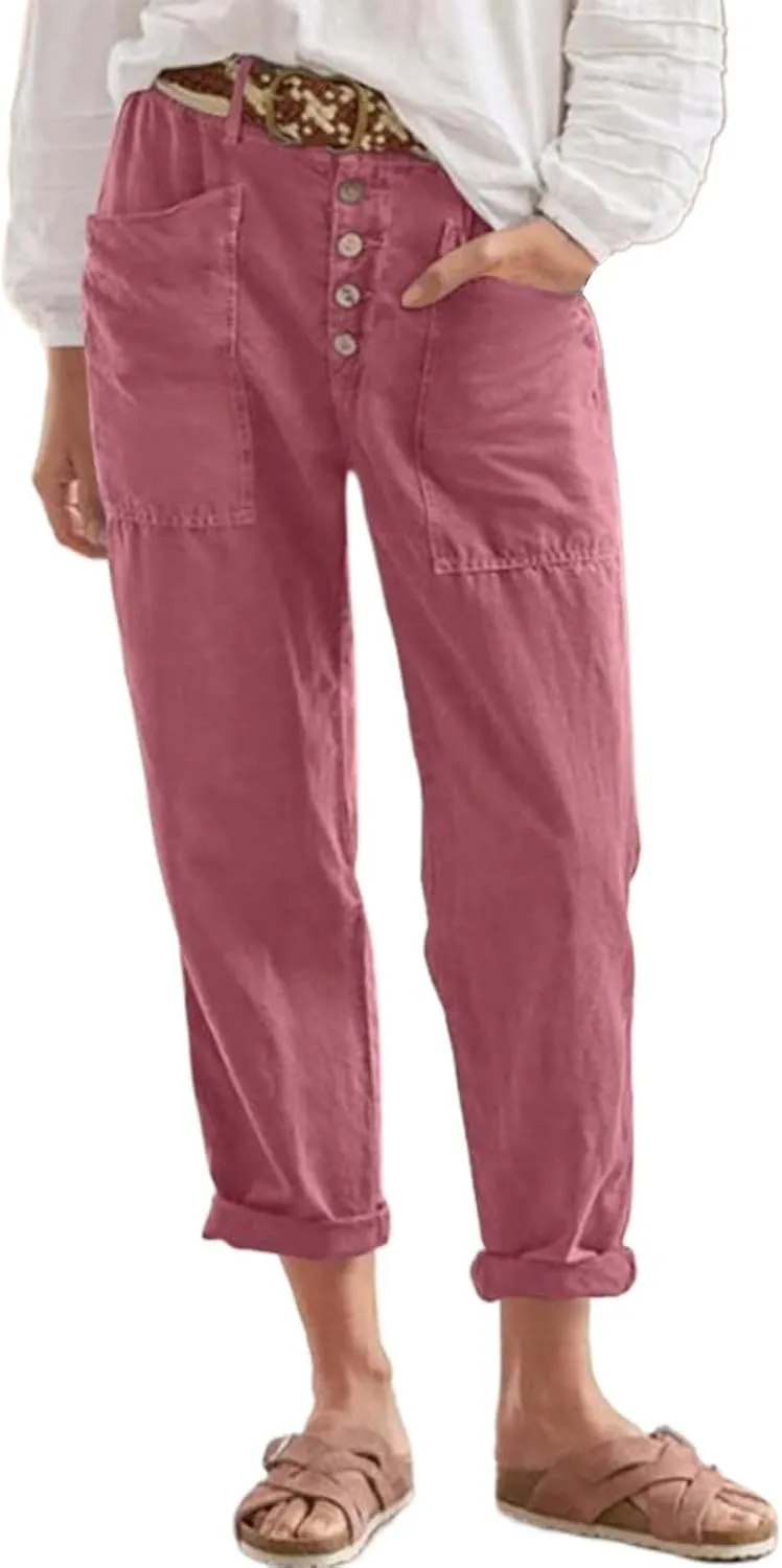 Women's Lightweight Cotton Linen Pants Casual Breathable Solid Button Cropped Pant Soft Stylish Straight Leg Pant with Pocket