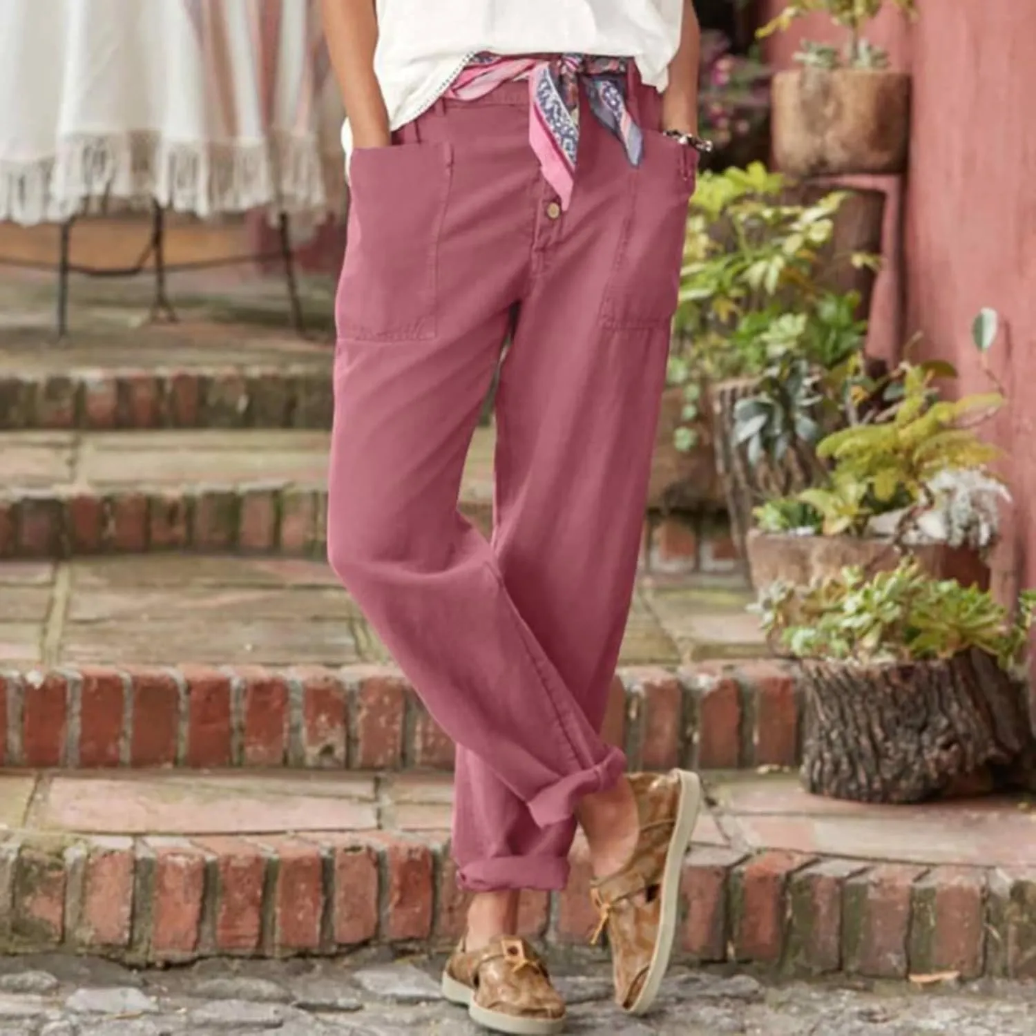 Women's Lightweight Cotton Linen Pants Casual Breathable Solid Button Cropped Pant Soft Stylish Straight Leg Pant with Pocket
