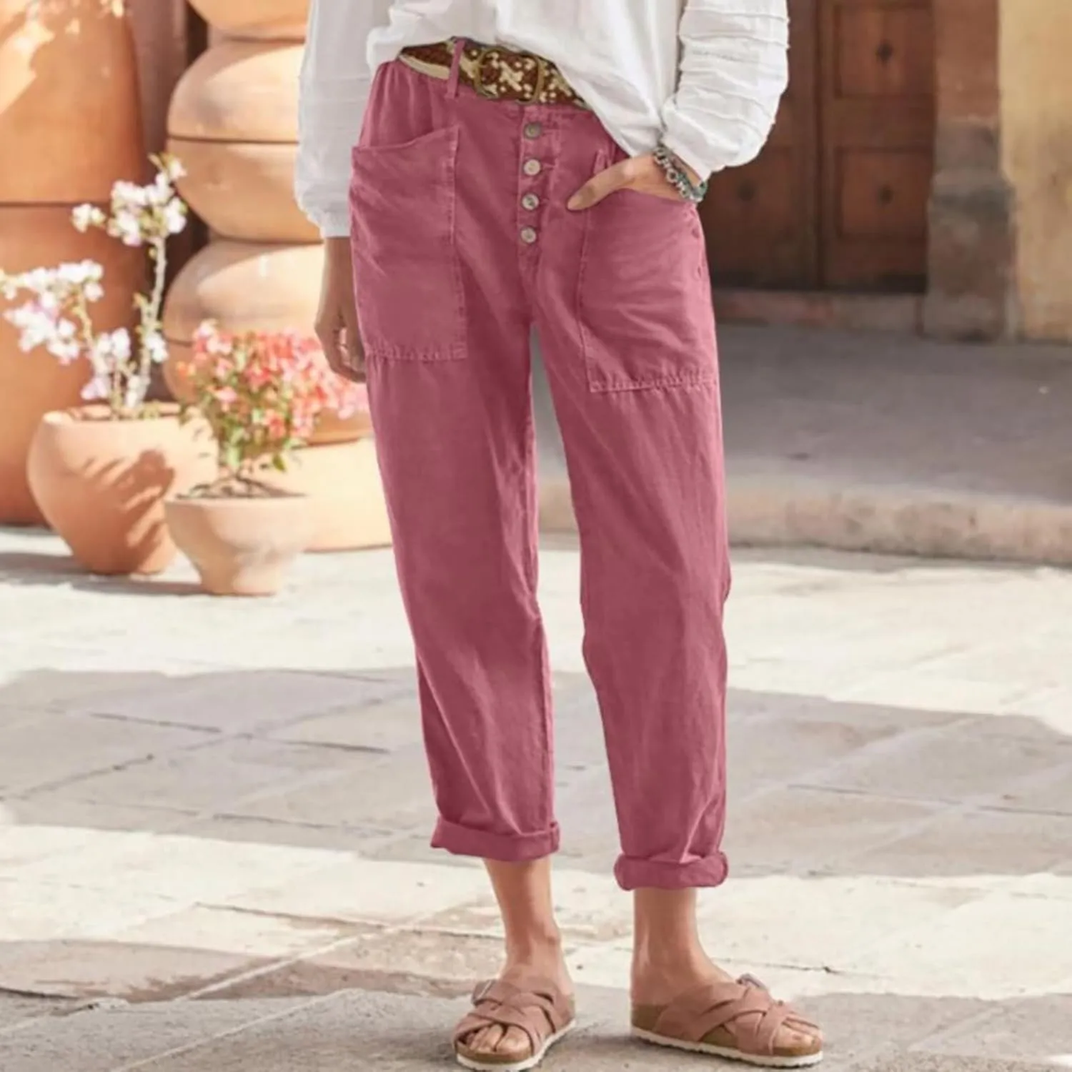 Women's Lightweight Cotton Linen Pants Casual Breathable Solid Button Cropped Pant Soft Stylish Straight Leg Pant with Pocket