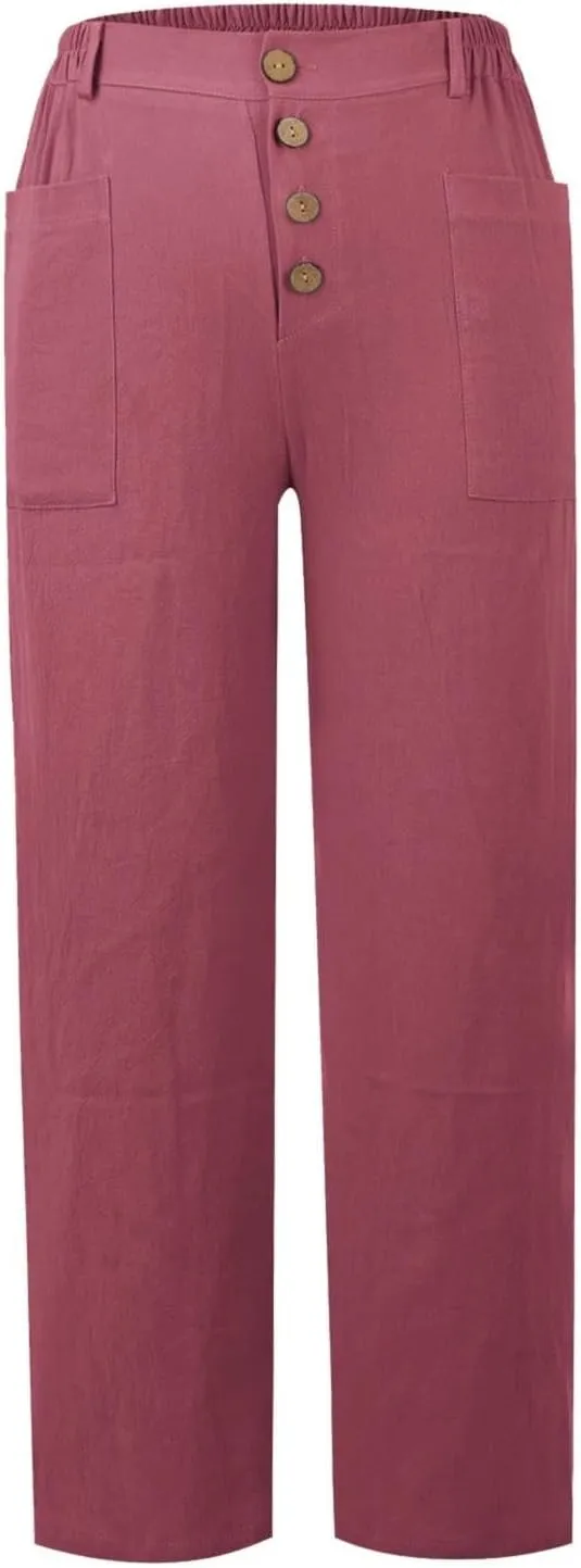 Women's Lightweight Cotton Linen Pants Casual Breathable Solid Button Cropped Pant Soft Stylish Straight Leg Pant with Pocket