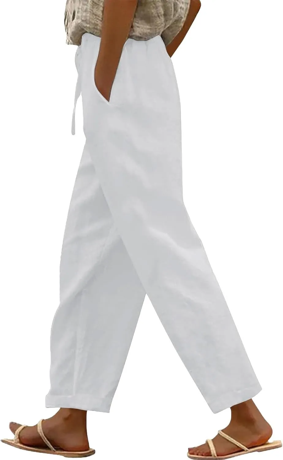 Womens Linen Pants High Waisted Elastic Loose Drawstring Wide Leg Pants Casual Lightweight Beach Trousers with Pockets