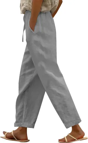 Womens Linen Pants High Waisted Elastic Loose Drawstring Wide Leg Pants Casual Lightweight Beach Trousers with Pockets
