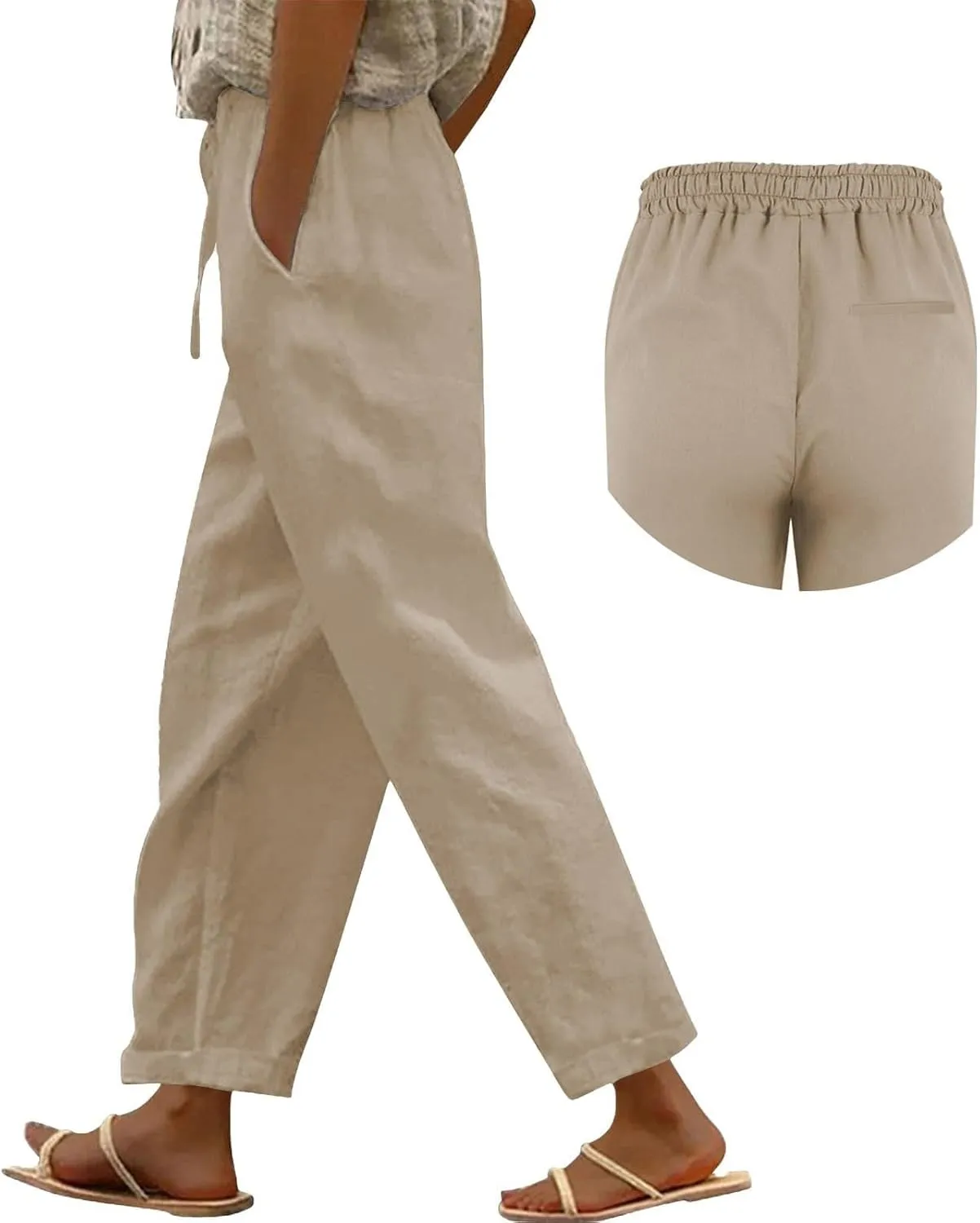 Womens Linen Pants High Waisted Elastic Loose Drawstring Wide Leg Pants Casual Lightweight Beach Trousers with Pockets