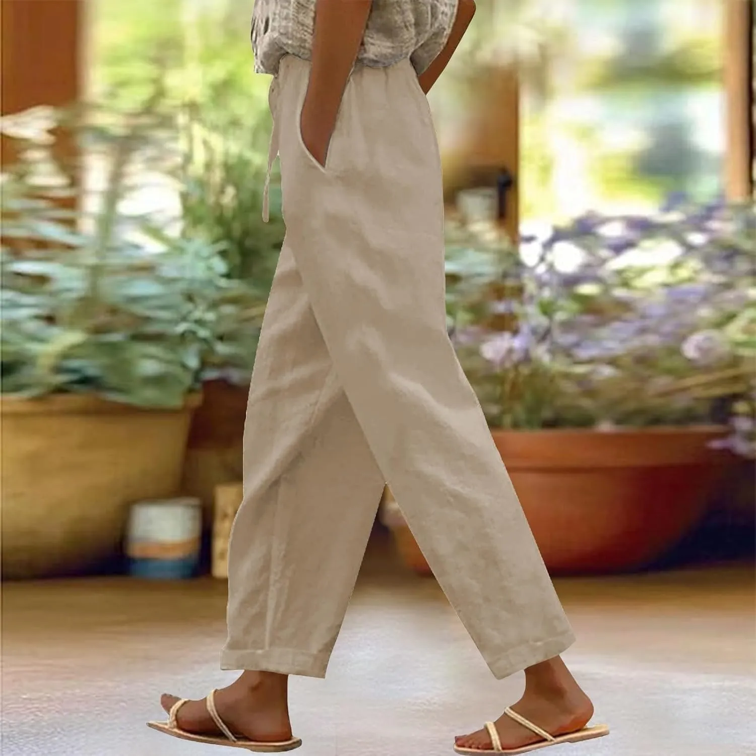 Womens Linen Pants High Waisted Elastic Loose Drawstring Wide Leg Pants Casual Lightweight Beach Trousers with Pockets