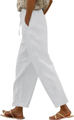 Womens Linen Pants High Waisted Elastic Loose Drawstring Wide Leg Pants Casual Lightweight Beach Trousers with Pockets