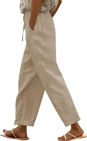 Womens Linen Pants High Waisted Elastic Loose Drawstring Wide Leg Pants Casual Lightweight Beach Trousers with Pockets