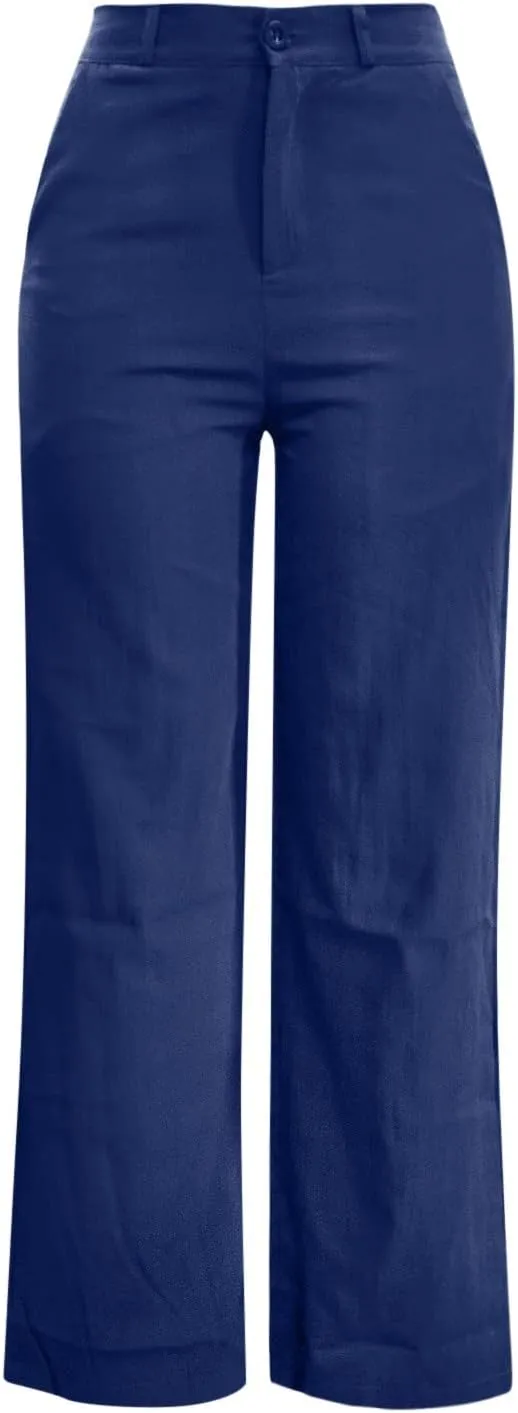 Womens Linen Pants Soft Solid High Waisted Wide Leg Cotton Lounge Pants Casual Loose Fit Straight Leg Trousers with Pockets