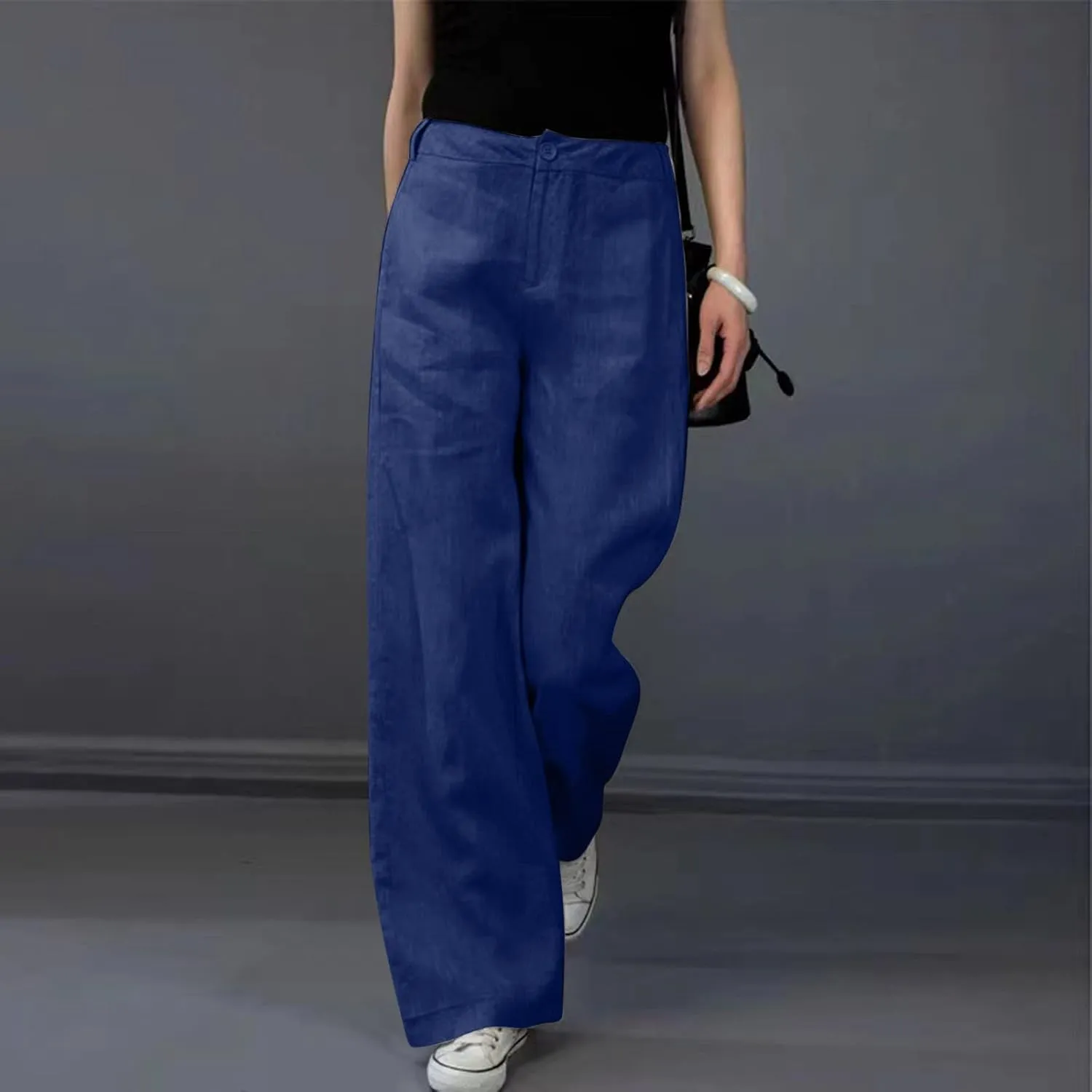 Womens Linen Pants Soft Solid High Waisted Wide Leg Cotton Lounge Pants Casual Loose Fit Straight Leg Trousers with Pockets