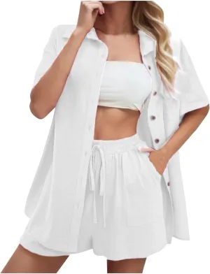 Womens Linen Set Two Piece Tracksuit Outfits Short Sleeve Shirts Top Casual Drawstring Shorts Set with Pockets