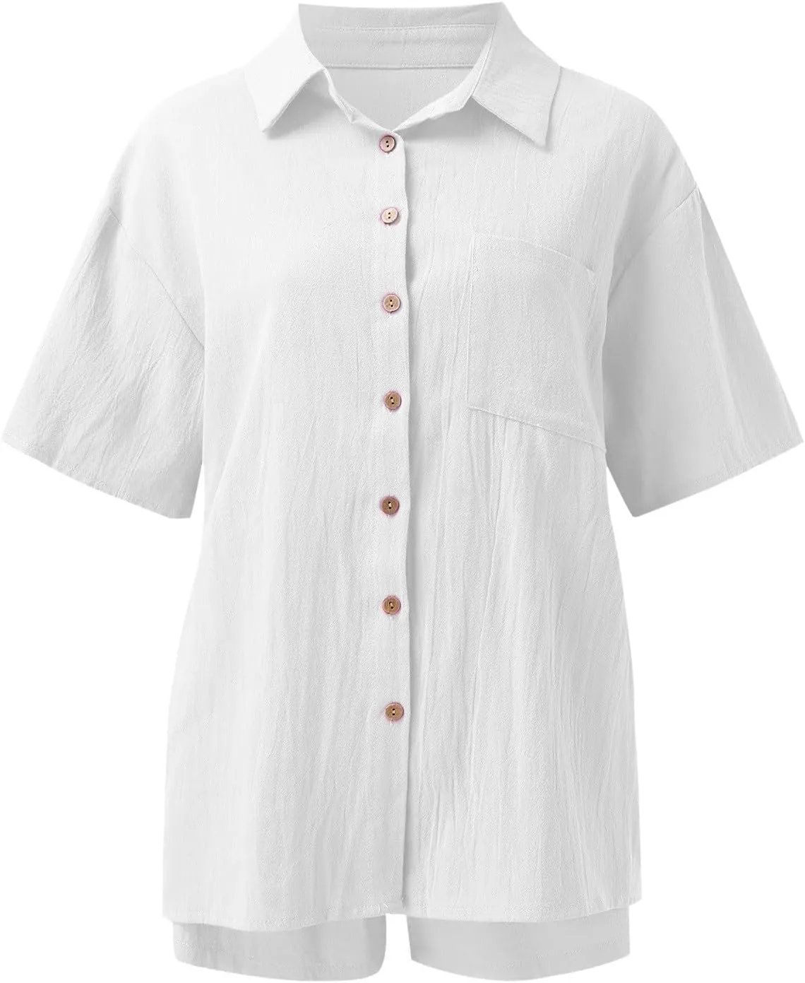 Womens Linen Set Two Piece Tracksuit Outfits Short Sleeve Shirts Top Casual Drawstring Shorts Set with Pockets