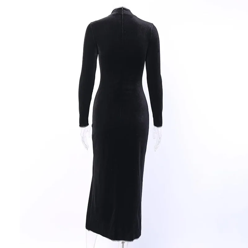 Women's Long Sleeve Bodycon Split Dress With Stand Collar