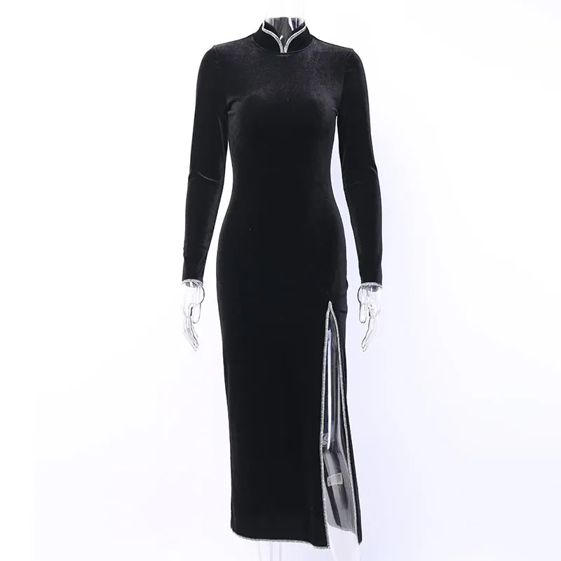 Women's Long Sleeve Bodycon Split Dress With Stand Collar