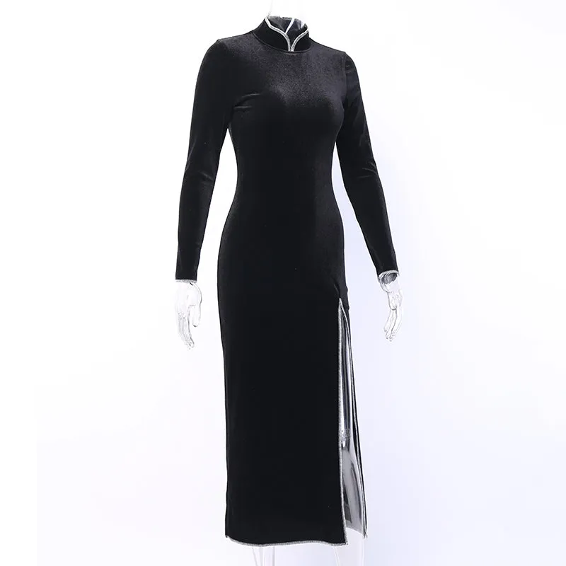 Women's Long Sleeve Bodycon Split Dress With Stand Collar