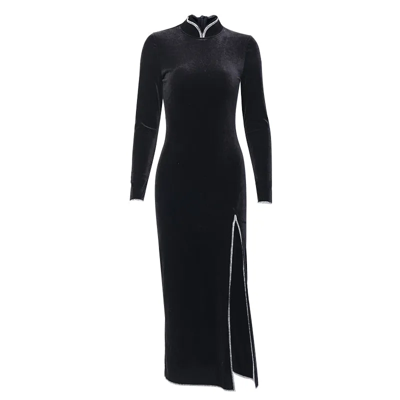 Women's Long Sleeve Bodycon Split Dress With Stand Collar