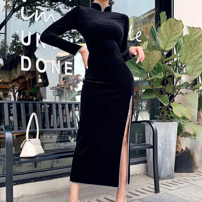 Women's Long Sleeve Bodycon Split Dress With Stand Collar