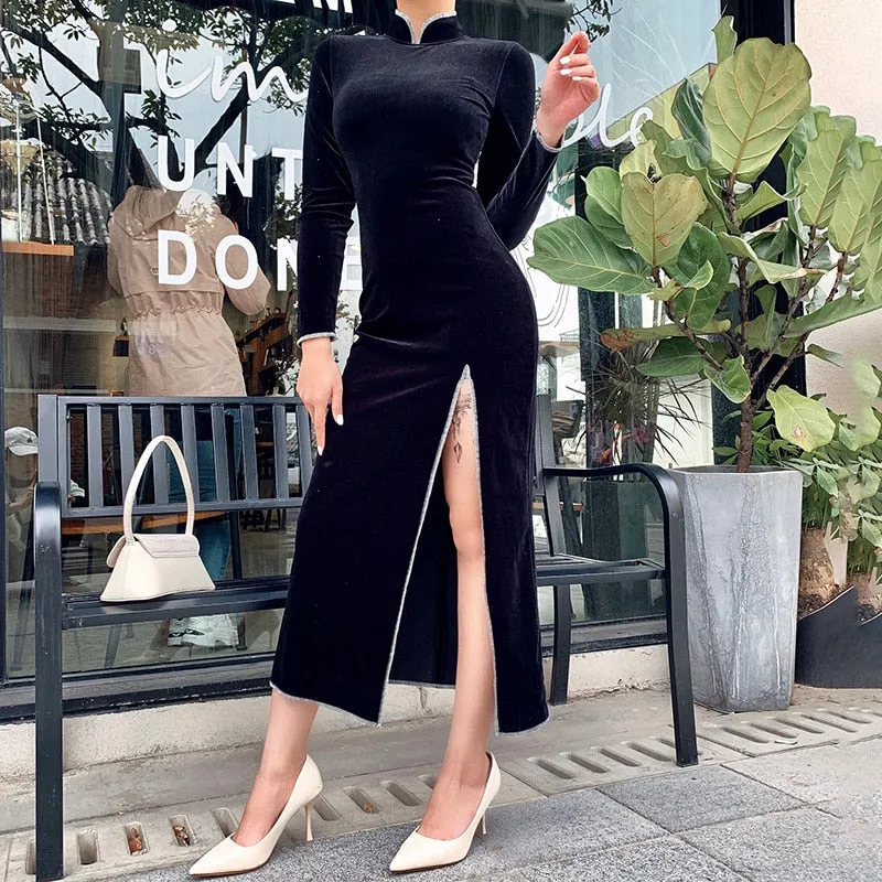 Women's Long Sleeve Bodycon Split Dress With Stand Collar