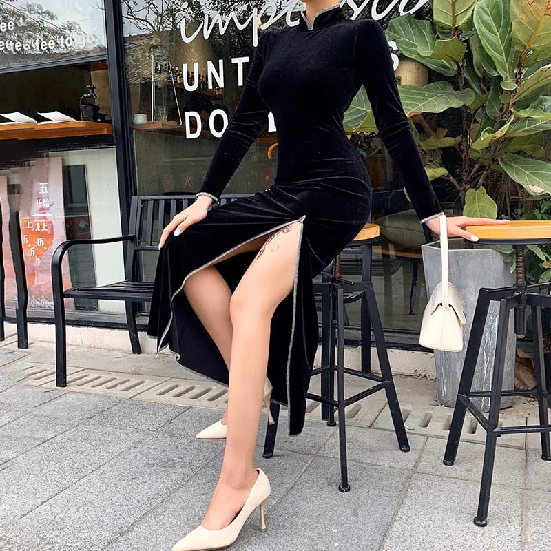 Women's Long Sleeve Bodycon Split Dress With Stand Collar