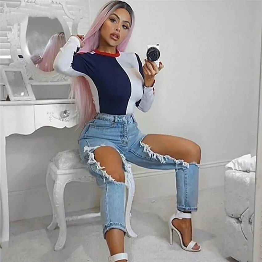Women's Long Sleeve Contrast Color Cotton Bodysuit