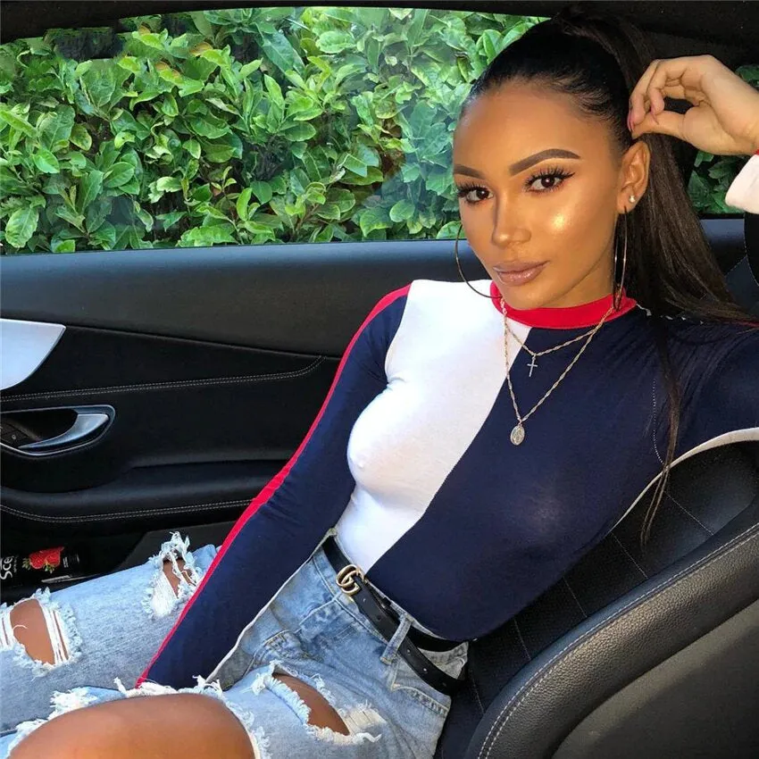 Women's Long Sleeve Contrast Color Cotton Bodysuit
