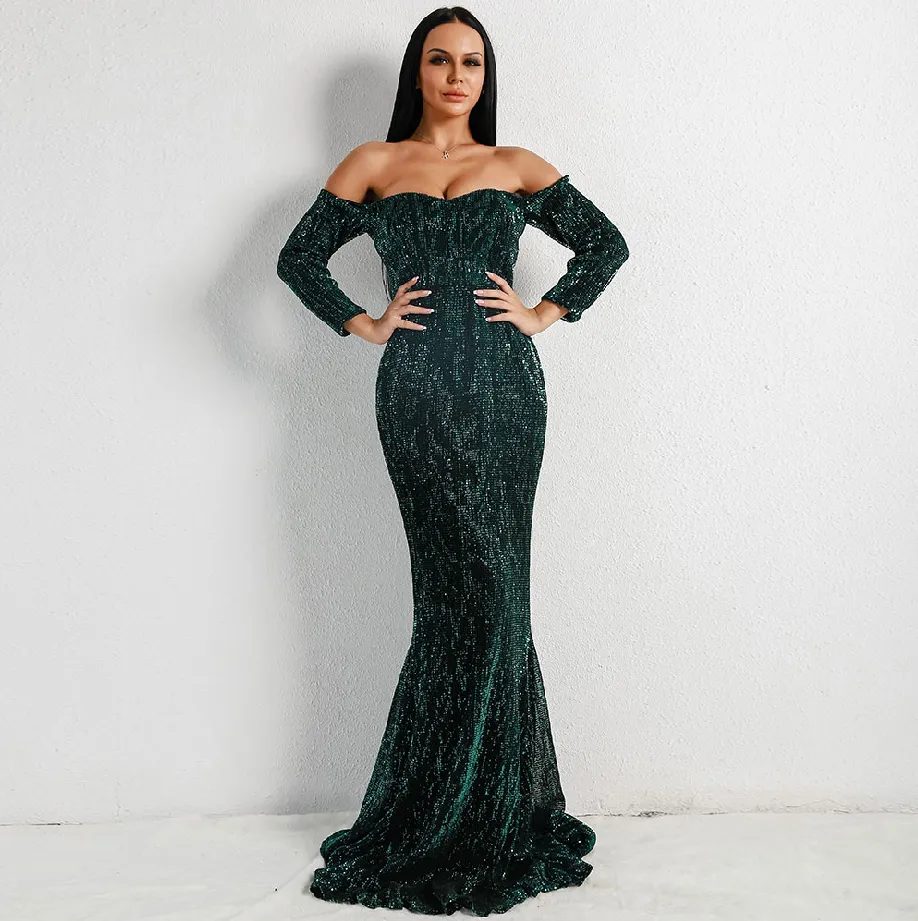 Women's Long-Sleeve Off-Shoulder Sequin Dress