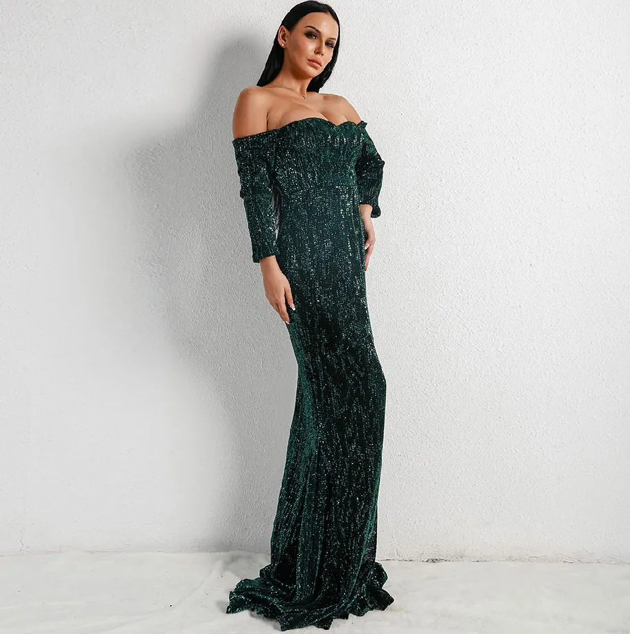 Women's Long-Sleeve Off-Shoulder Sequin Dress