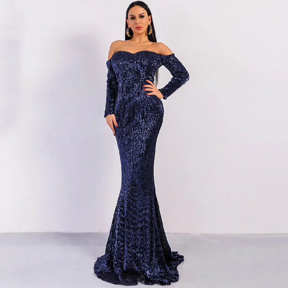 Women's Long-Sleeve Off-Shoulder Sequin Dress