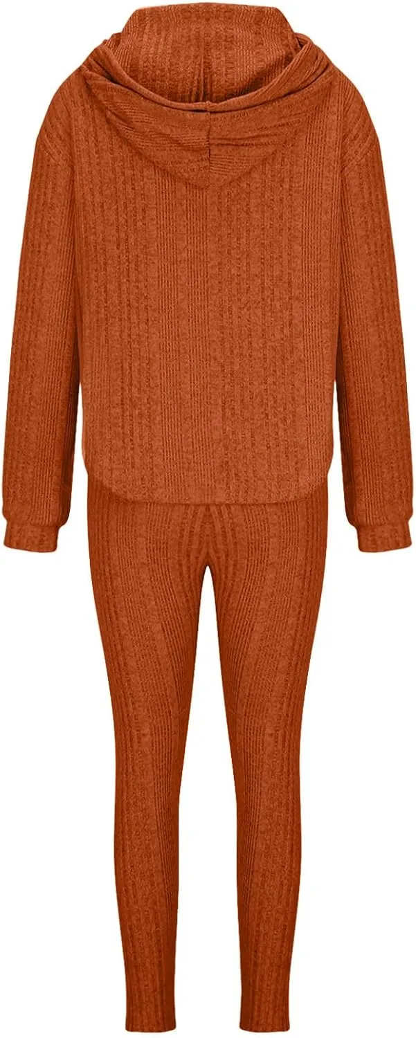 Womens Lounge Sets Knitted Solid 2 Piece Outfits Long Sleeve Pullover Tops and Wide Leg Sweatpant