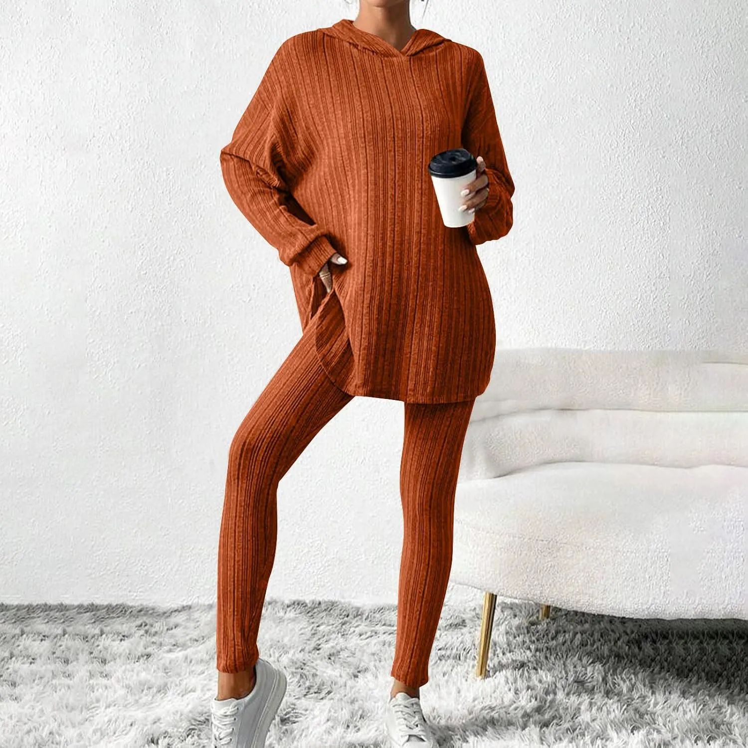 Womens Lounge Sets Knitted Solid 2 Piece Outfits Long Sleeve Pullover Tops and Wide Leg Sweatpant