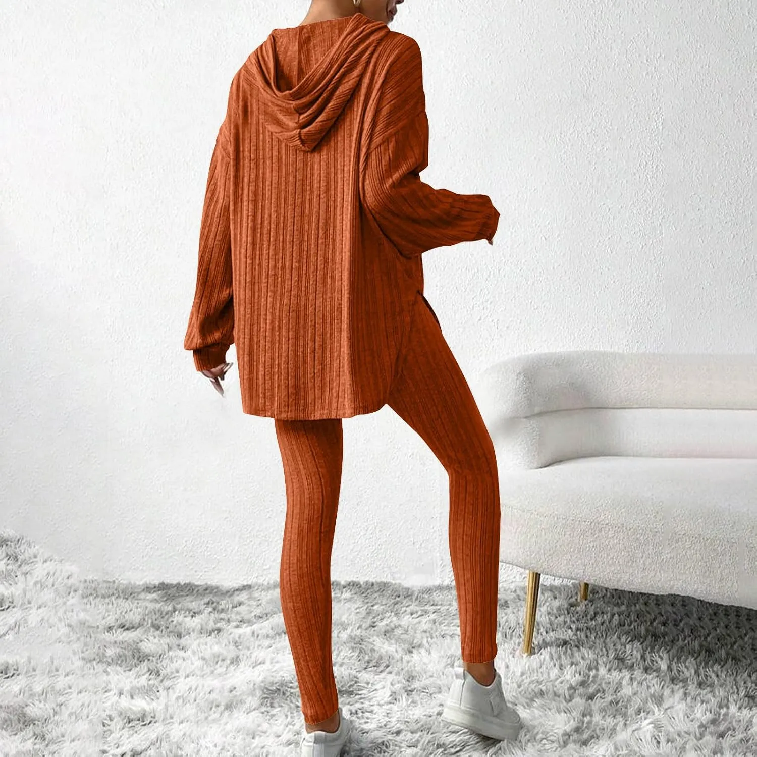 Womens Lounge Sets Knitted Solid 2 Piece Outfits Long Sleeve Pullover Tops and Wide Leg Sweatpant