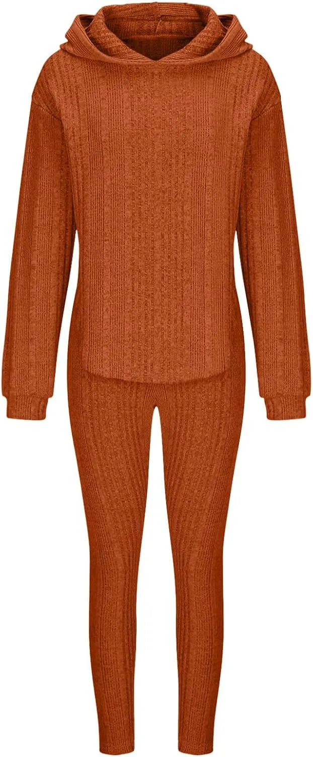 Womens Lounge Sets Knitted Solid 2 Piece Outfits Long Sleeve Pullover Tops and Wide Leg Sweatpant
