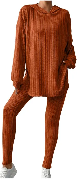 Womens Lounge Sets Knitted Solid 2 Piece Outfits Long Sleeve Pullover Tops and Wide Leg Sweatpant