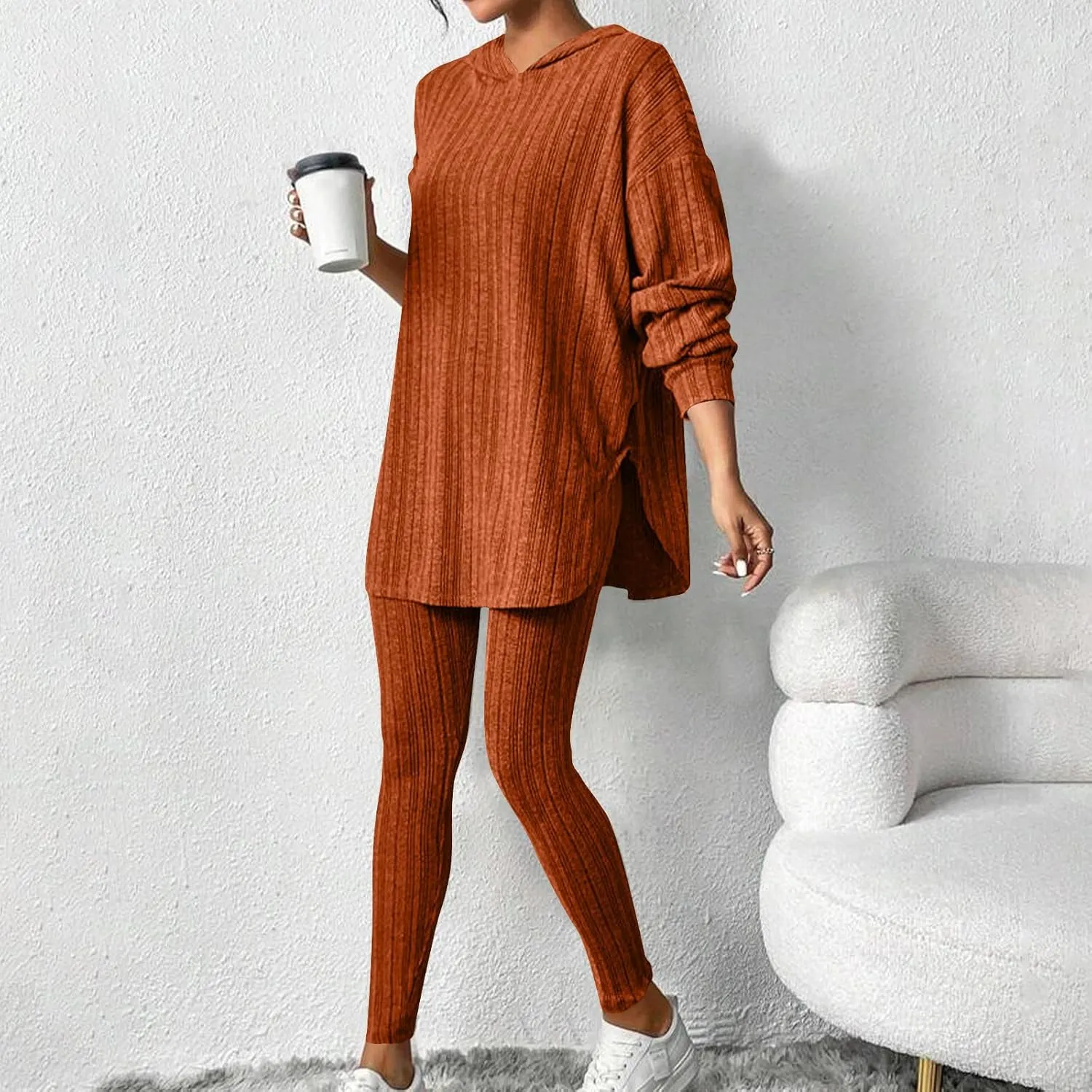 Womens Lounge Sets Knitted Solid 2 Piece Outfits Long Sleeve Pullover Tops and Wide Leg Sweatpant
