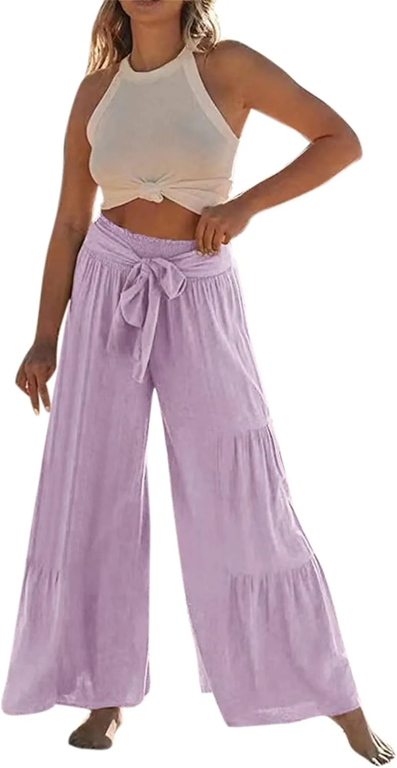 Women's New Solid Color Lace Up High Waisted Flowy Yoga Sweatpants Casual Comfy Lihgtweight Breathable Straight Leg Trousers