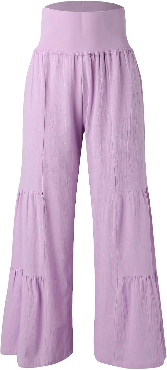 Women's New Solid Color Lace Up High Waisted Flowy Yoga Sweatpants Casual Comfy Lihgtweight Breathable Straight Leg Trousers