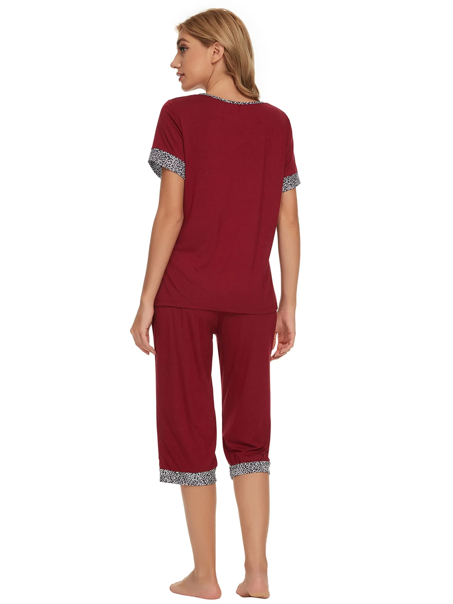 Womens Pajama Set Round Neck with Capri Pants Casual Pjs Lounge Sleepwears