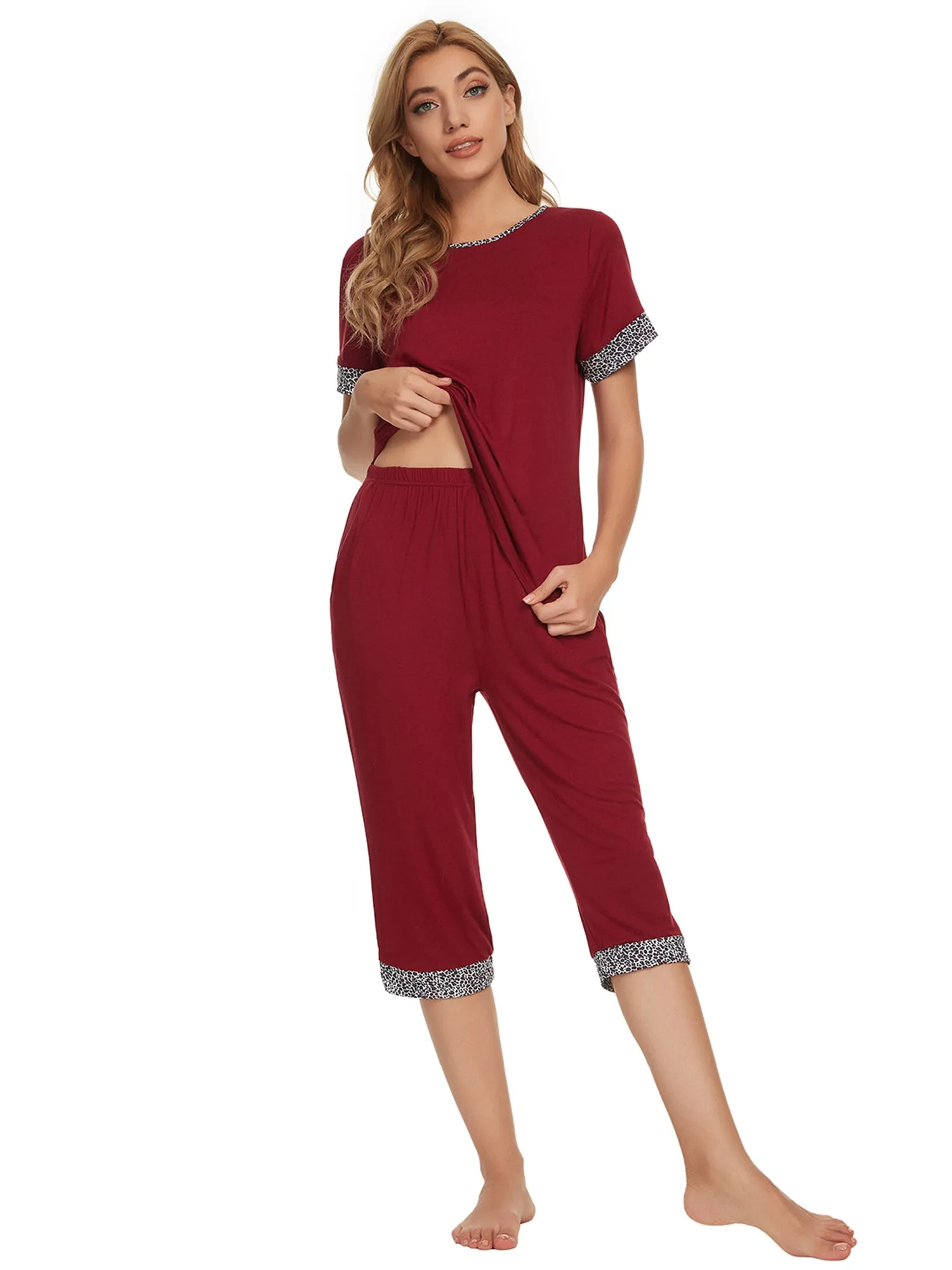 Womens Pajama Set Round Neck with Capri Pants Casual Pjs Lounge Sleepwears