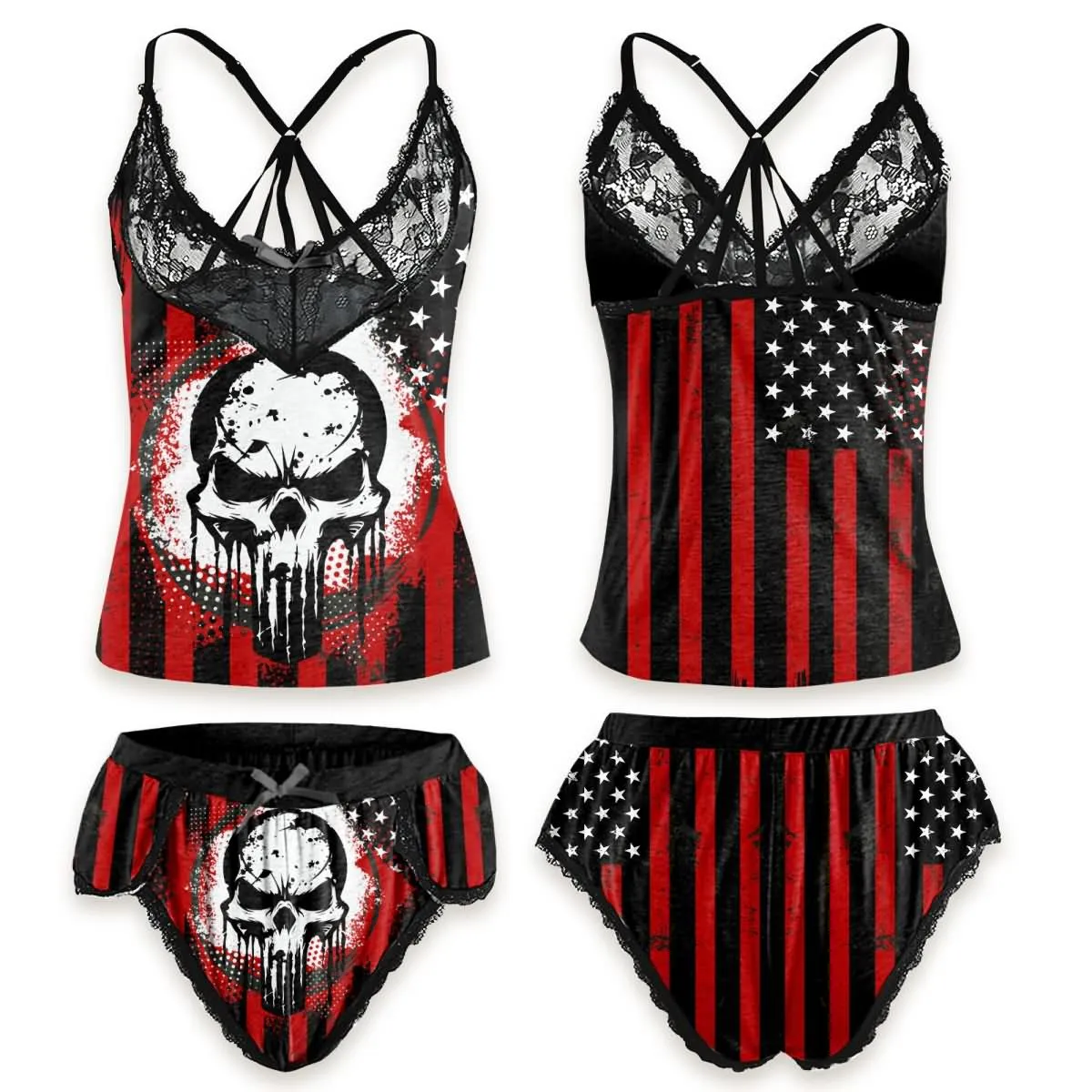 Women's Pajama Set, Skull Rebel 2 Piece Sleepwear Lingerie Outfit